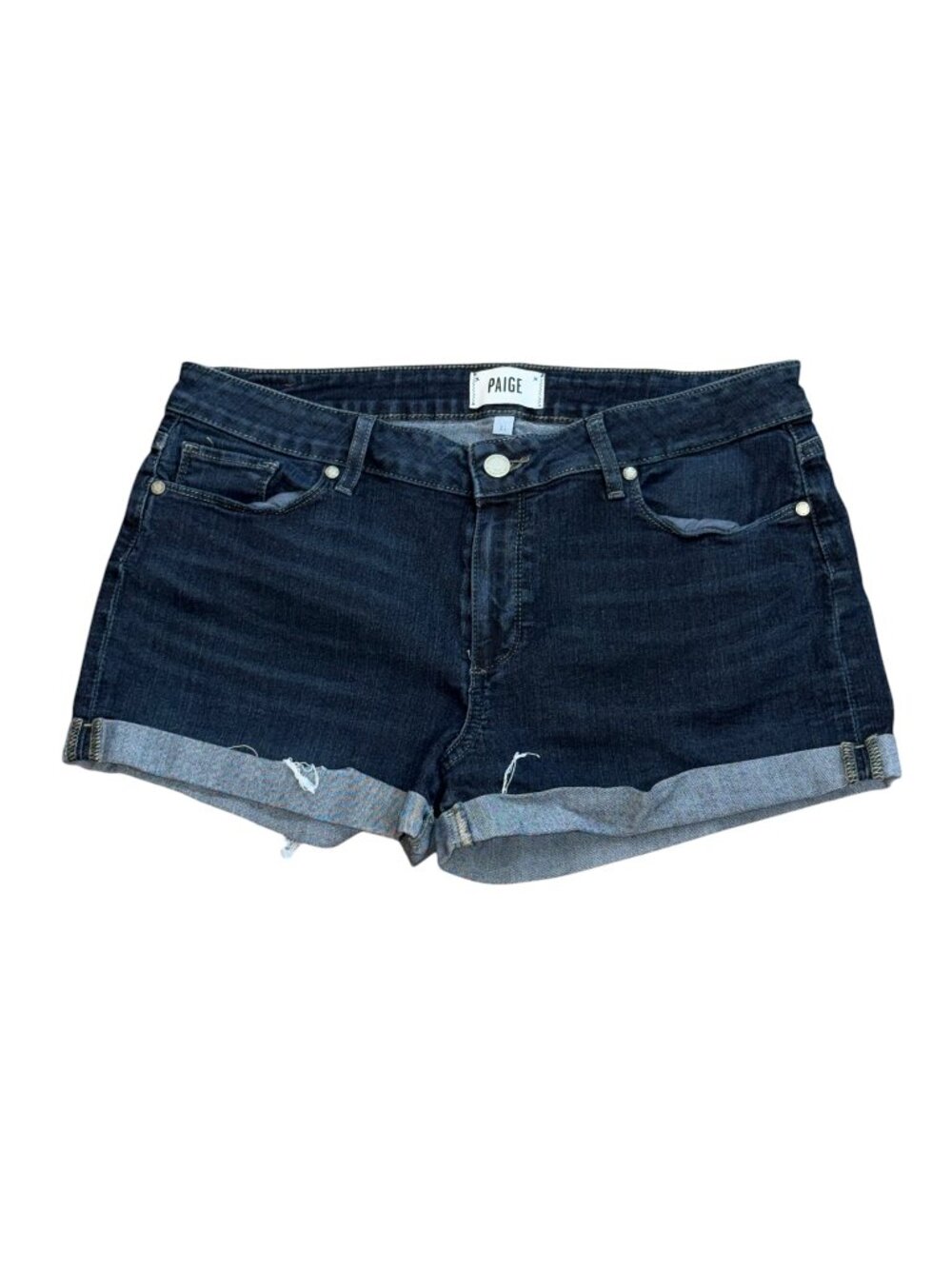PAIGE Jimmy Jimmy Dark Wash Juliana Cut Off Rolled Hem 3" Denim Jean Shorts 31